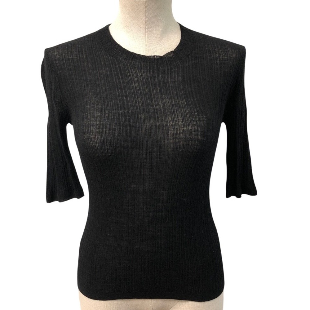 Vince Ribbed Knit Sweater Womens XS Black Short Sleeve Crew Neck Minimalist